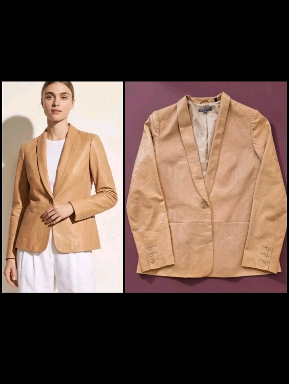 Vince Women's Tan Glove Leather Fitted Blazer Jacket Shawl Collar! Size 10